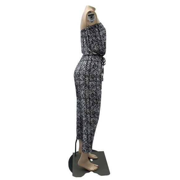 Ambiance Strapless Black White Geometric Print Jumpsuit Drawstring Waist‎ Large - Picture 3 of 12